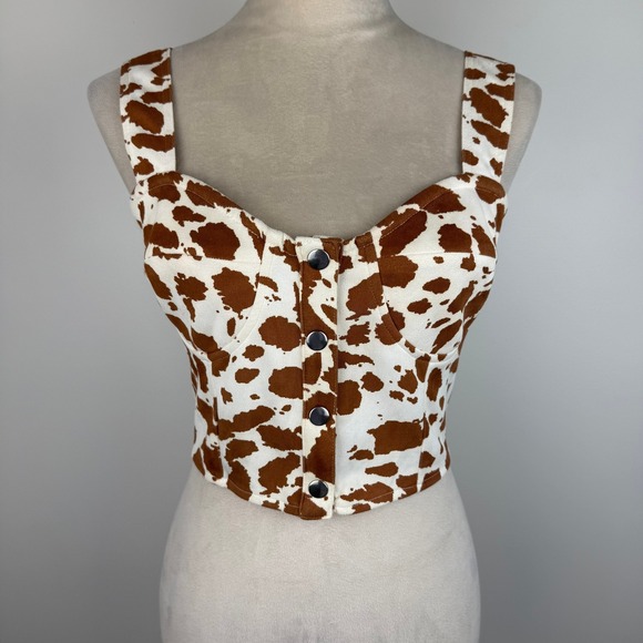Altar'd State Tops - Altar'd State Brown Cow Print Corset Bustier Crop Top Snap Front Buttons Sz Med